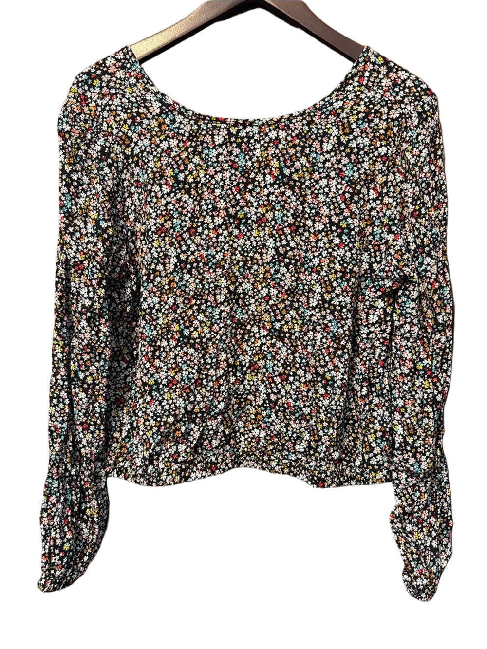 LOFT Black Long-Sleeve Blouse with Multicolor Ditsy Floral Print Size M